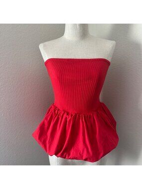 Anthropologie Maeve Red Ribbed Strapless Blouse Peplum Stretchy Cotton Cocktail